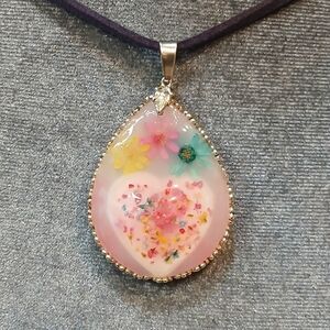Handmade Pink Floral Heart Teardrop Pendant Necklace